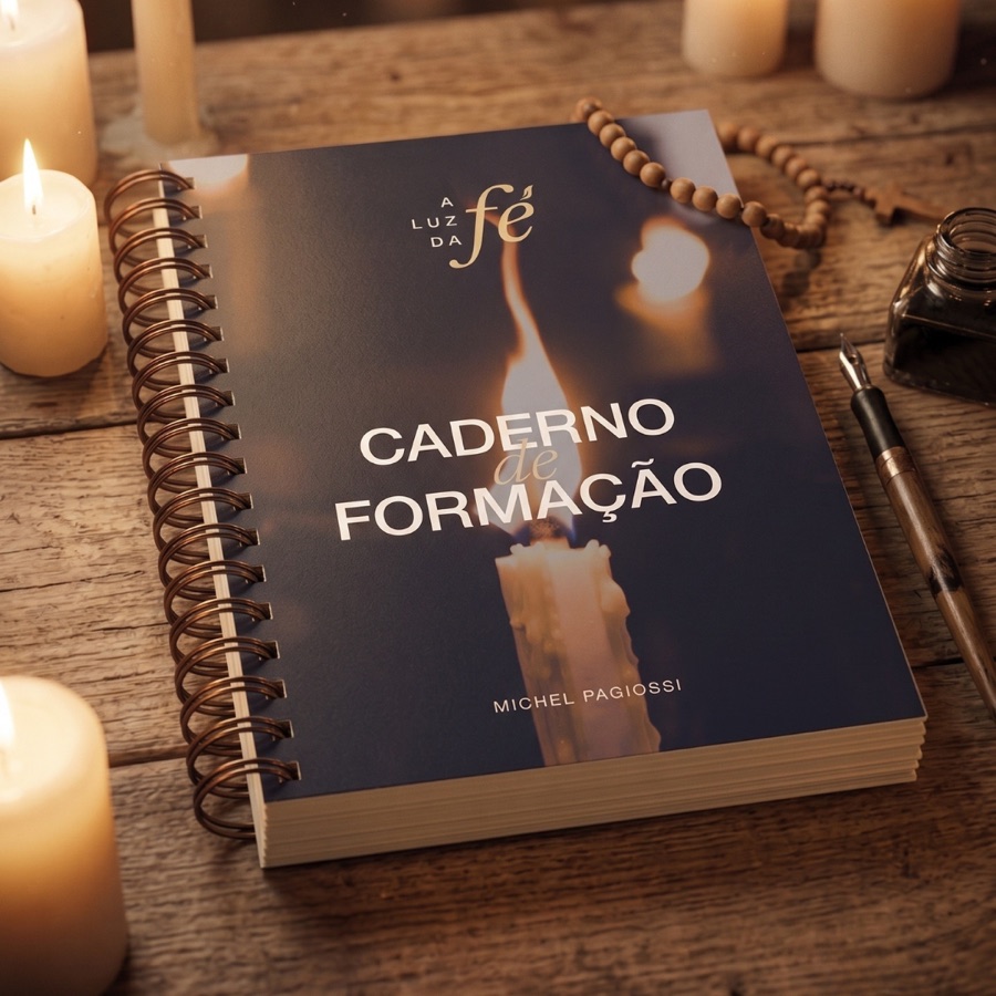 O Caderno de Formação A Luz da Fé sobre uma mesa de madeira, entre velas e um terço