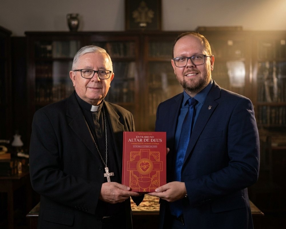 Michel Pagiossi ao lado de Dom Antônio Carlos Rossi Keller, os dois segurando o livro Entrarei no Altar de Deus