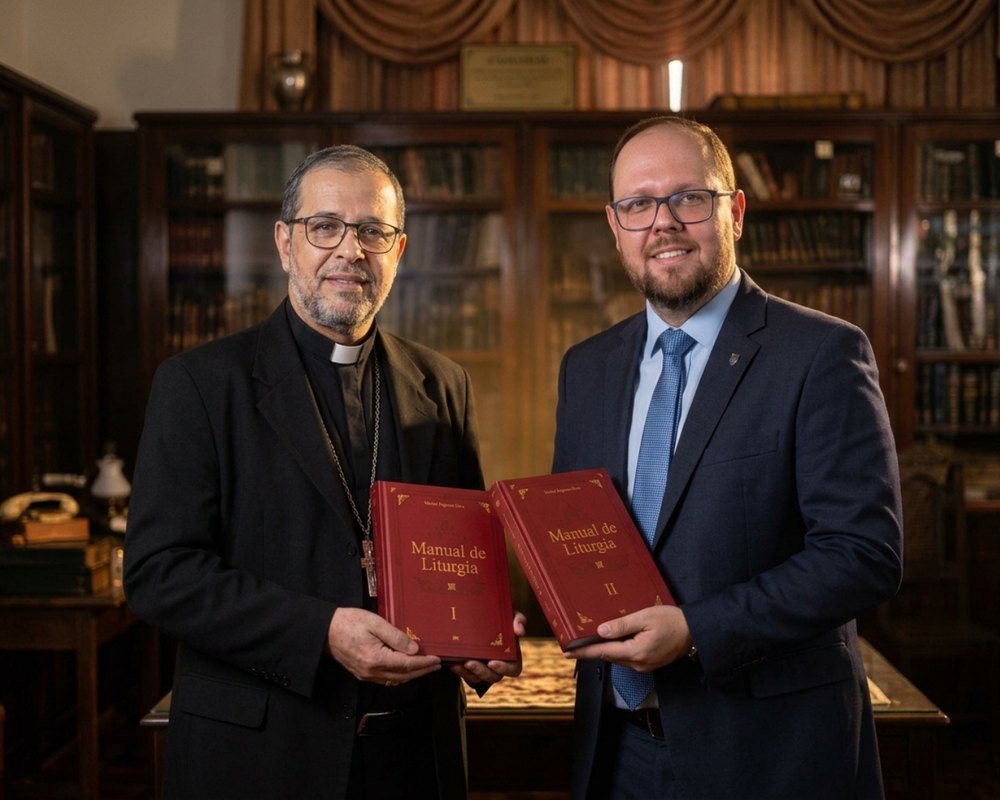 Michel Pagiossi ao lado de Dom José Ruy Gonçalves Lopes, cada um segurando um tomo do Manual de Liturgia